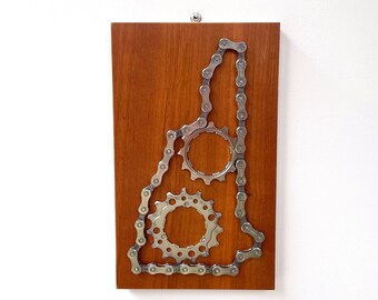 New Hampshire Map made from Bike Parts and Reclaimed Wood , Bicycle Chain Wall Art