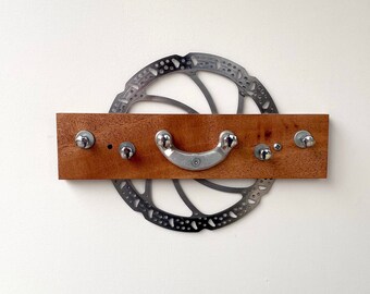 Key Rack Recycled Mtb Disc Brake Rotor and Reclaimed Wood , Industrial Style Hat Rack and Dog Leash Rack