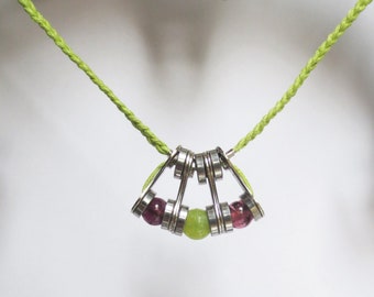 Recycled Bicycle Chain Link Necklace with Purple and Green Beads on Acid Green Cord, Upcycled Jewelry , Statement