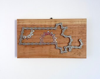 Massachusetts Map in Recycled Bicycle Chain on Reclaimed Wood , Bike Accessories