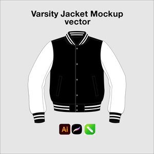 May include: A black and white varsity jacket mockup vector. The jacket features a black body with white sleeves, a striped collar, cuffs, and hem. The text "Varsity Jacket Mockup vector" is at the top. Below are icons for Adobe Illustrator, Procreate, and a digital pen.