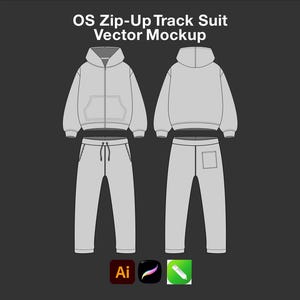 Op de afbeelding: Een vector-mockup van een lichtgrijs trainingspak met ritssluiting. Het trainingspak bevat een jas met capuchon en een voorzak en een bijpassende joggingbroek met een trekkoord. De tekst "OS Zip-Up Track Suit Vector Mockup" staat bovenaan.