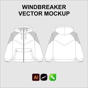 May include: A vector mockup of a white windbreaker with gray shoulder panels, a hood, and a front pocket. The text "WINDBREAKER VECTOR MOCKUP" is at the top. Software icons are at the bottom.