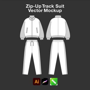 May include: A vector mockup of a zip-up track suit. The track suit is white with gray accents and features a zip-up jacket and matching pants. The text "Zip-Up Track Suit Vector Mockup" is at the top. The image includes three app icons at the bottom.