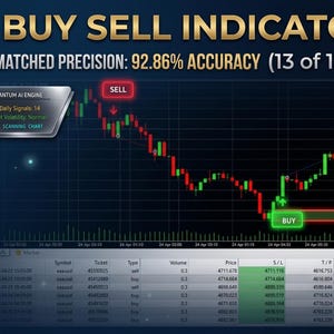 May include: A digital graphic displays an "AI Powered Buy Sell Indicator for MT5." The image shows a stock chart with green and red lines, "BUY" and "SELL" indicators, and data tables. Text highlights features like "AI Signal Engine" and "Unmatched Precision: 92.86% Accuracy."