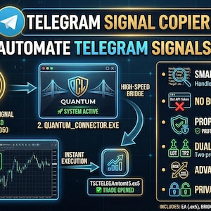 May include: A digital graphic promoting "Telegram Signal Copier V9" with a dark blue background. The image shows a phone, a computer screen, and various icons. Text includes "Automate Telegram Signals to MT5" and "Quantum Code Lab."