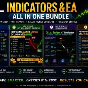 Può includere: Una grafica digitale intitolata QCL INDICATORS & EA ALL IN ONE BUNDLE che presenta quattro pannelli distinti che mostrano interfacce di software di trading, grafici finanziari, metriche di performance e specifiche tecniche per piattaforme di trading MT5.