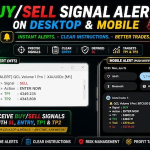 May include: A digital graphic displaying buy and sell signal alerts for desktop and mobile devices. It features a desktop alert window with sell instructions for XAUUSDc and a mobile push notification showing a buy signal for BTCUSD with MetaTrader 5.