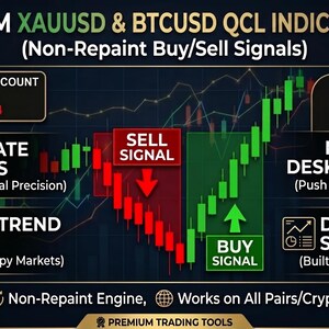 May include: A digital graphic with the text "PROP FIRM XAUUSD & BTCUSD QCL INDICATOR (MT5)" and "Non-Repaint Buy/Sell Signals." Features include buy/sell signals, accurate signals, smart trend filter, mobile and desktop alerts, and daily signal stats.