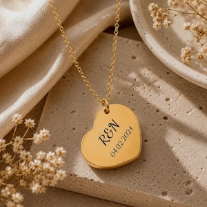 Anniversary Gift for Girlfriend, Personalized Couple Initial Necklace, Engraved Date Heart Pendant, Husband Wife Anniversary