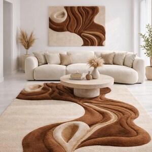 3D Textured Hand Tufted Wool Rug Brown Organic Flowing Waves Modern Abstract Carpet