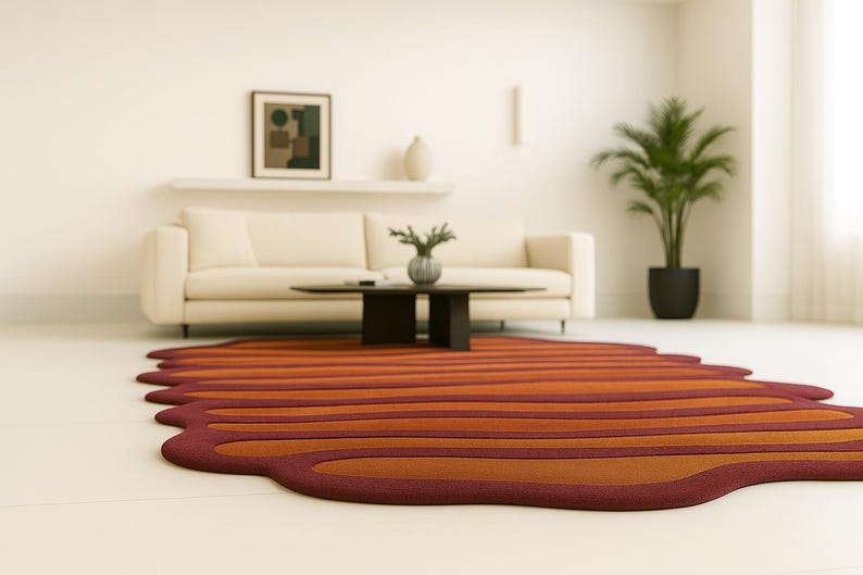 Low angle view of abstract wavy area rug highlighting dimensional edges and soft wool texture.