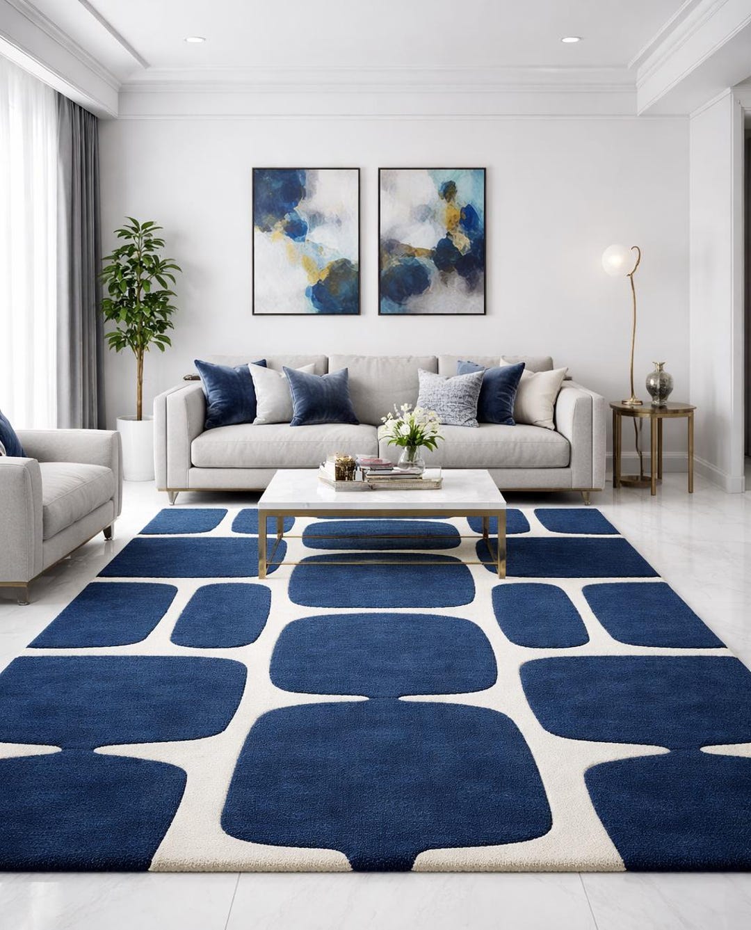 Mid Century Modern Cobalt Blue Area Rug, Large Geometric Wool Tufted ...
