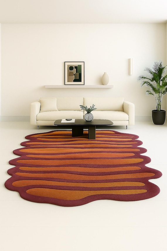 Wavy Irregular Area Rug, Hand Tufted Wool Rug, Retro Mid Century Modern Decor, Abstract Melted Shape Rug, Large Burnt Orange Rug
