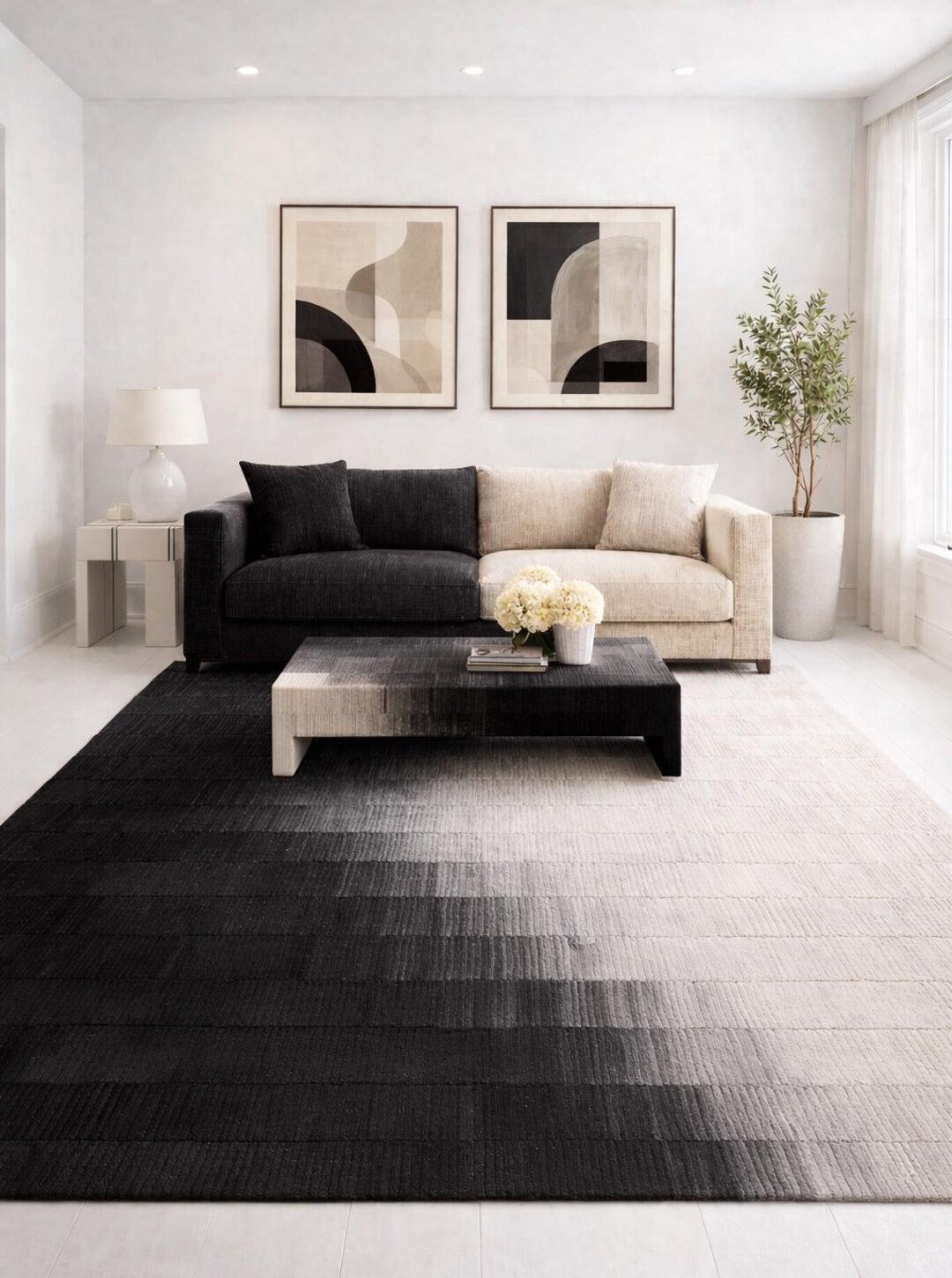 9x12 Modern Ombre Wool Rug - Black and Cream Gradient Hand Tufted Area ...