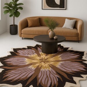 Flower Shaped Wool Rug - 70s Retro Aesthetic Decor - Lavender and Mustard Scalloped Rug - Hand-Tufted Floral Nursery Carpet - Custom Rug