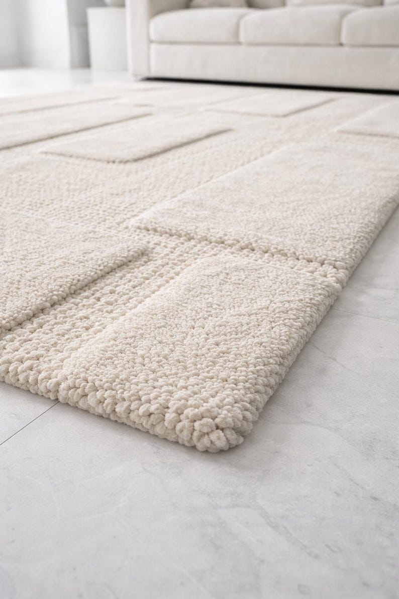 Minimalist Off-white Wool Area Rug - Raised Block Pattern - Large Hand ...
