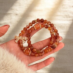 Red Hematoid Quartz Double Wrap Bracelet, Rhinestone Bow Charm, 10mm Beads