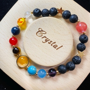 Pulsera de roca de lava negra de 8 mm – Sistema solar de los 8 planetas, difusor de aceites esenciales, pulsera elástica