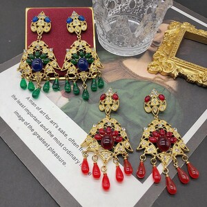 Vintage Tassel Drop Earrings, Red Green Crystal Waterfall Dangle Statement Jewelry