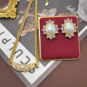 Vintage Mabe Shell parel choker ketting oorbellen set, verguld koper