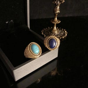 Vintage Lapis Turquoise Ring, Natural Gemstone Copper Band, Antique Gold Finish, Statement Costume Jewelry
