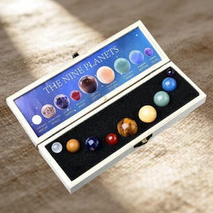 Può includere: Una scatola espositiva rettangolare in legno contenente nove pietre preziose sferiche che rappresentano i pianeti. Il coperchio interno presenta un diagramma stampato con la scritta THE NINE PLANETS e i nomi e le immagini di ogni pietra.