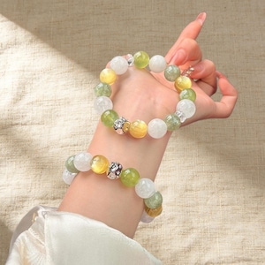 Natural Jade Emerald Lithium Mica Beaded Bracelet, 12mm Gemstone Stretch Handmade