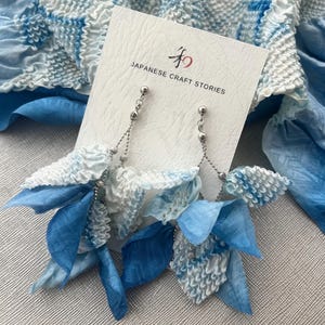 Kimono Tygörhängen – Blå Gradient Shibori Textilsmycken, Lättvikts Handgjort Japan