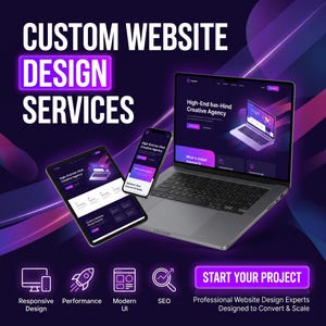 Puede incluir: Un gráfico de marketing digital con el texto "CUSTOM WEBSITE DESIGN SERVICES" en blanco y morado. Una computadora portátil, una tableta y un teléfono inteligente muestran diseños de sitios web. Se incluyen iconos para diseño responsivo, rendimiento, interfaz de usuario moderna y SEO.