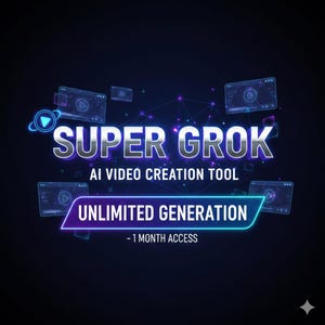 Op de afbeelding: Een digitale afbeelding met de tekst "SUPER GROK" in zilver, met "AI VIDEO CREATION TOOL" eronder. De afbeelding bevat ook "UNLIMITED GENERATION - 1 MONTH ACCESS" in een blauw-paarse banner en video-afspeelpictogrammen.