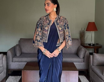 Navy Blue Ready to Wear Lehenga Saree with Embroidered Jacket