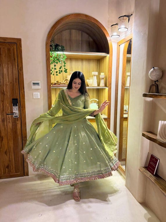 sage green anarkali dress Vichitra Silk Gown | Sequence Embroidered Indian Wedding blue wedding dress