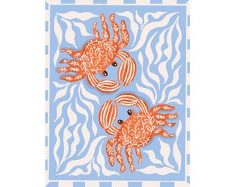 Two Orange Crabs Art Print – Coastal Nursery Decor (Vertical Poster)