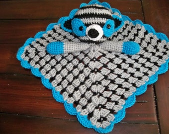 Crocheted Sock Raccoon Lovey  Turquoise and gray