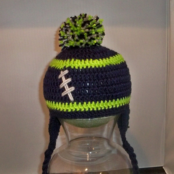 Crocheted baby football beanie  Any Team any size, any color New Seahawk colors, Navy Blue, lime green and slate gray