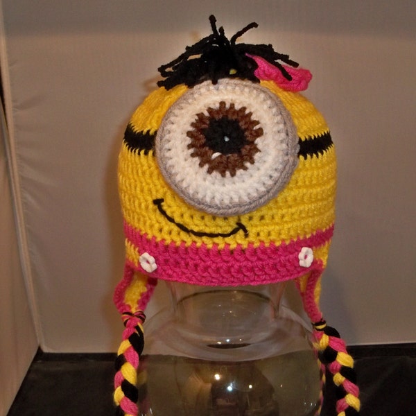 Yellow and Pink Girls Minion  Crocheted One Eyed Minion Ear flaps and Tassels