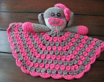 Crocheted Sock Monkey Lovey     Bright Pink and Dark Gray