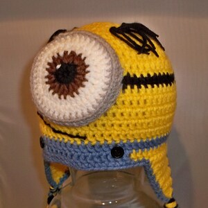 Yellow and Blue Crocheted One Eyed Minion Ear flaps and Tassels