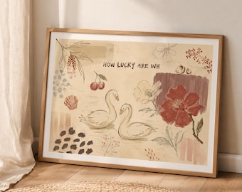 How Lucky Are We- Vintage Beige and Red Poster, Swan Art, Lucky Girl Aesthetic