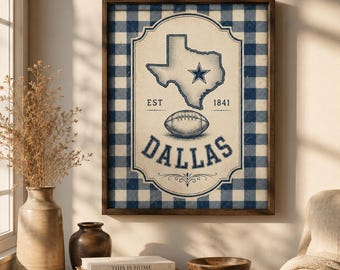 Quadro da parete con tema football di Dallas, stampa vintage del football texano, decorazione sportiva a quadretti per sala giochi, ufficio, taverna o regalo per papà