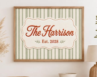 Personalized Striped Cottagecore Wedding Anniversary Gift, Custom Family Name Print, Custom Est. Year Print, Farmhouse Living Room Decor