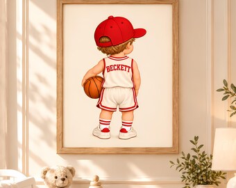 Personalized Basketball Wall Art, Custom Name Player Portrait, Red Cream Nursery Keepsake for Child