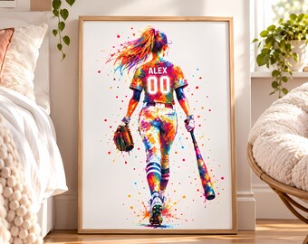 Personalized Softball Wall Art, Colorful Female Softball Player Print, Teen Athlete Bedroom Decor, Custom Sports Gift