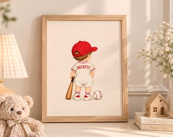Baseball Nursery Art, Personalized Boy Wall Print, Custom Name Baseball Player, Red Cream Sports Room Decor, Baby Gift