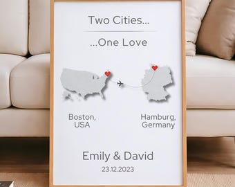 Design personalizzato per la mappa di due città da parete – Poster personalizzato per coppie a lunga distanza – Poster con mappa a forma di cuore – Regalo romantico