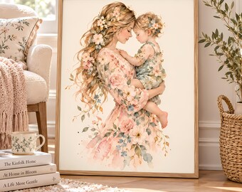 Mother and Daughter Watercolor Print, Floral Maternal Bond Illustration, Feminine Home Decor, Meaningful Mom Keepsake