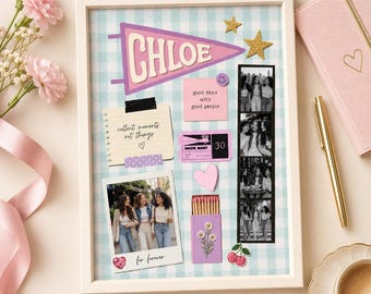 Personalized Scrapbook Poster, Custom Photo Collage Wall Art, Best Friend Gift, Gingham Background Keepsake Print