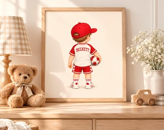 Personalized Soccer Nursery Wall Art, Custom Kid Illustration for a Sports-Themed Room
