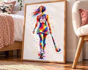 Personalized Field Hockey Print, Colorful Female Player Art, Teen Sports Room Decor, Custom Name and Number Athlete Poster